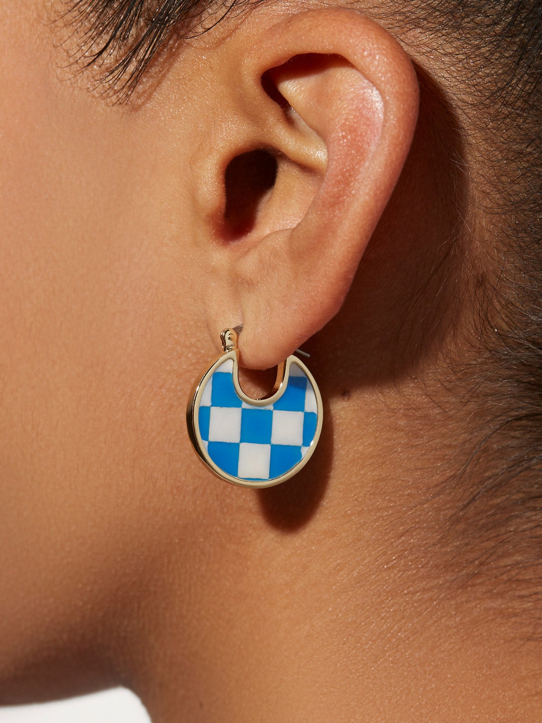 Ana Luisa Jewelry Earring Statement Enamel Disc Hoops Hana Checker Blue
