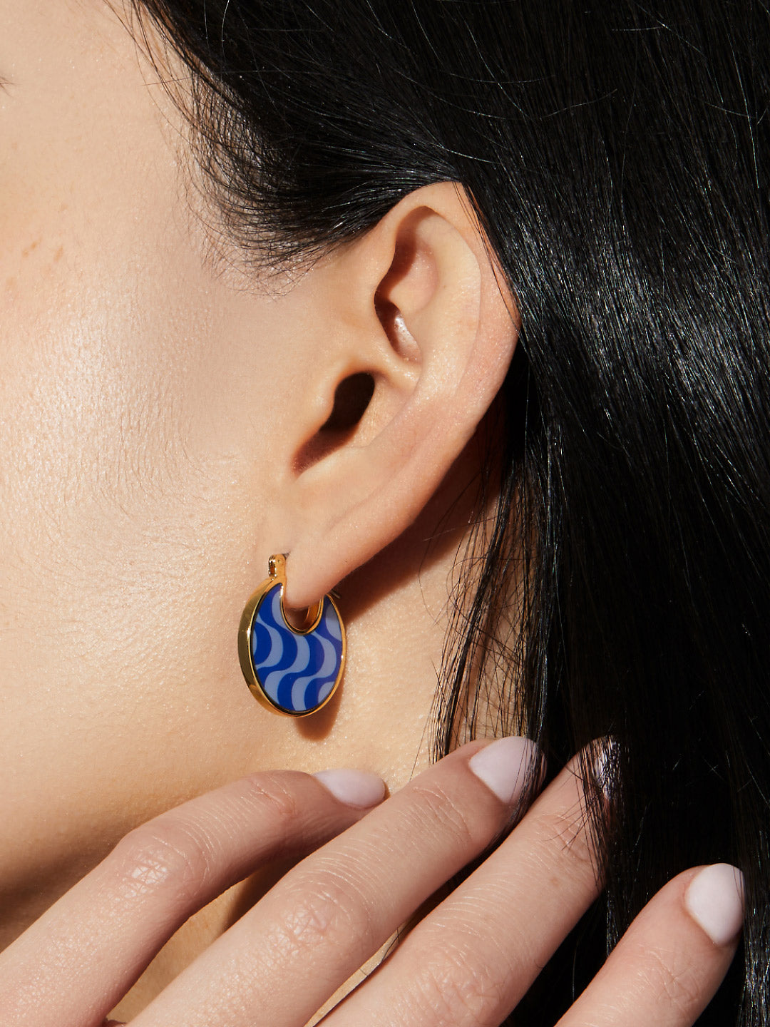 Ana Luisa Jewelry Earrings Medium Hoops Enamel Earrings Hana Wave Blue Gold