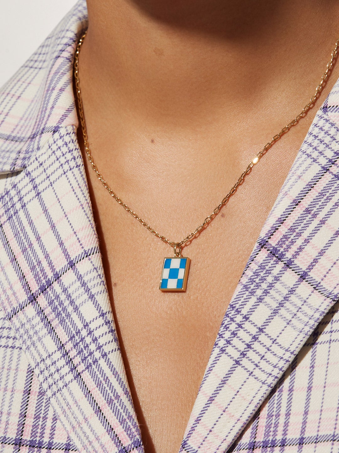 Ana Luisa Jewelry Necklaces Pendants Enamel Pendant  Elsa Checker Blue Blue Gold