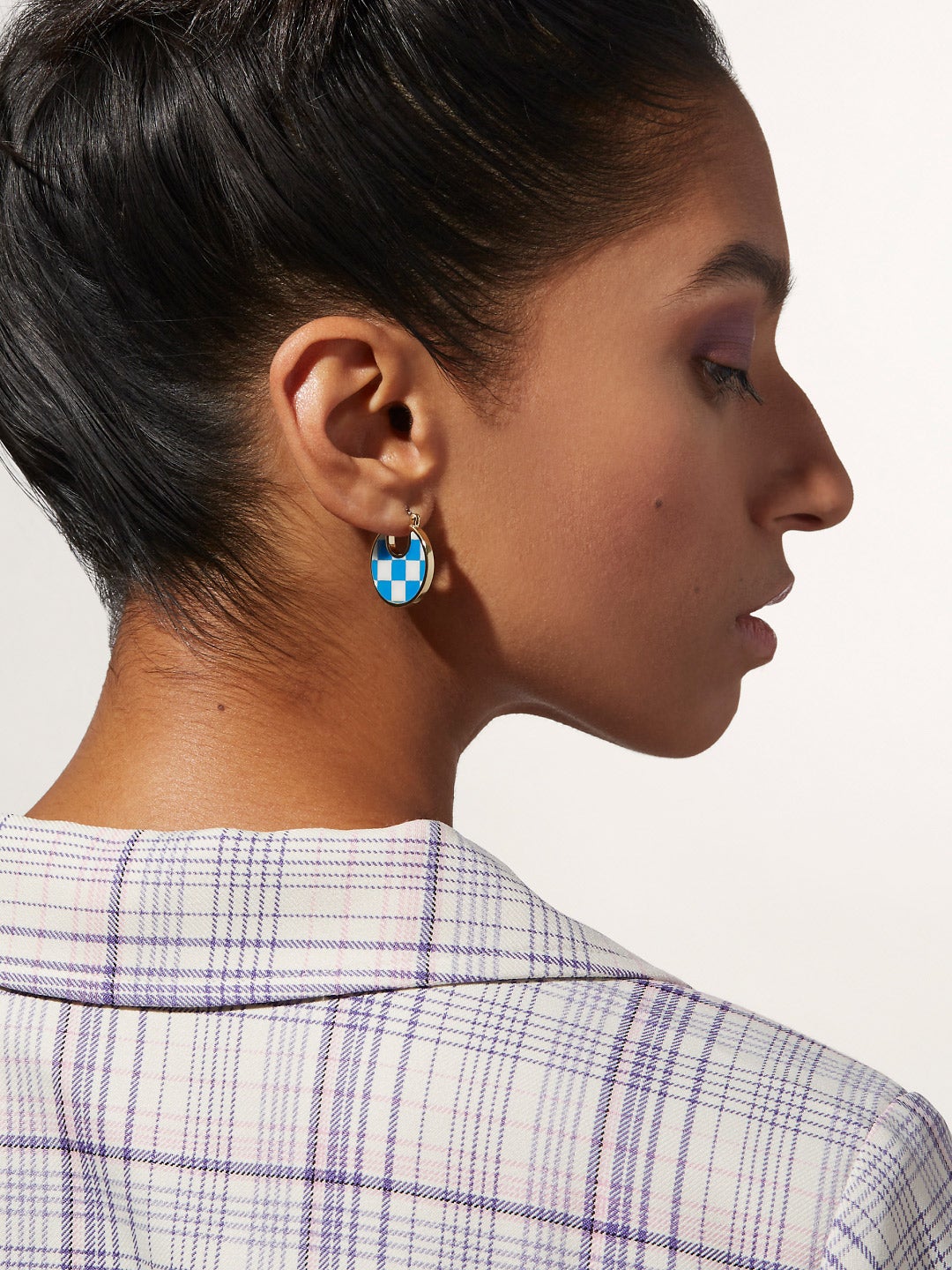 Ana Luisa Jewelry Earring Statement Enamel Disc Hoops Hana Checker Blue